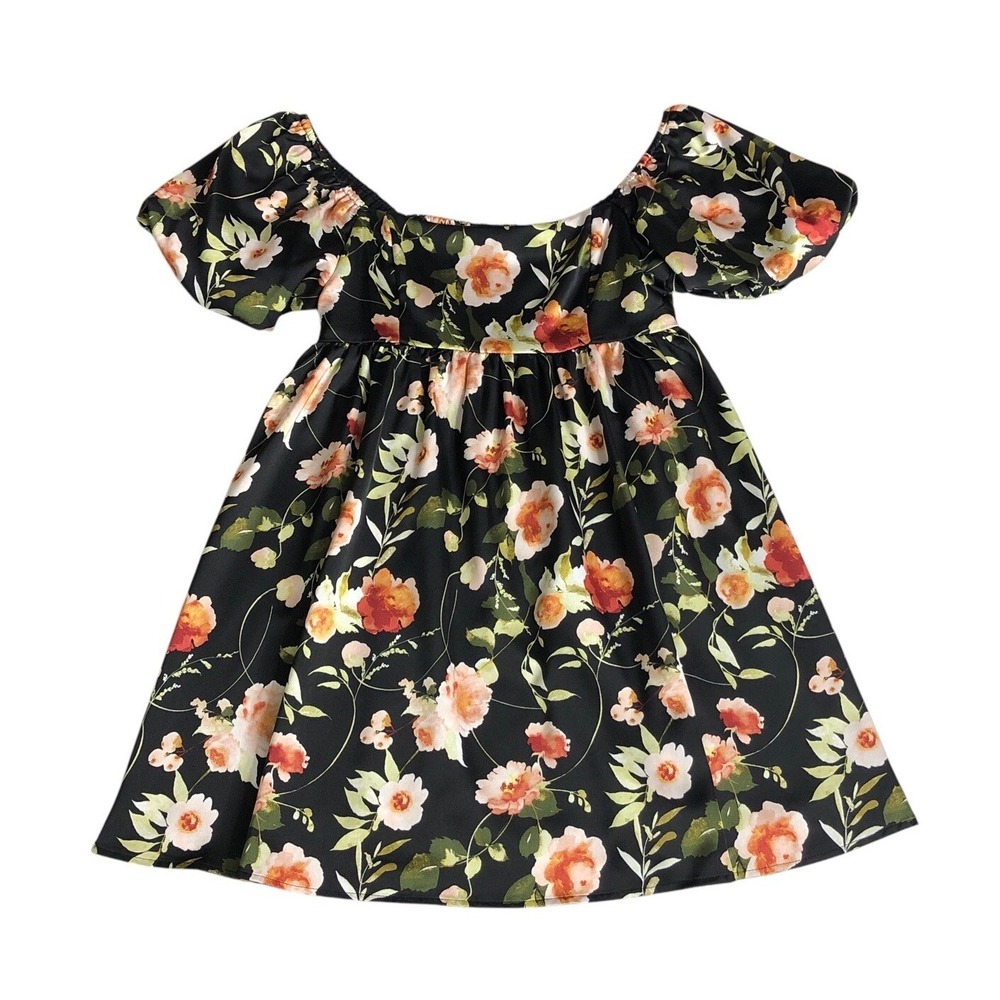 Y2K‎ Inspired Hearts Babydoll Mini Dress Medium Black Floral Puff Sleeve Cottage